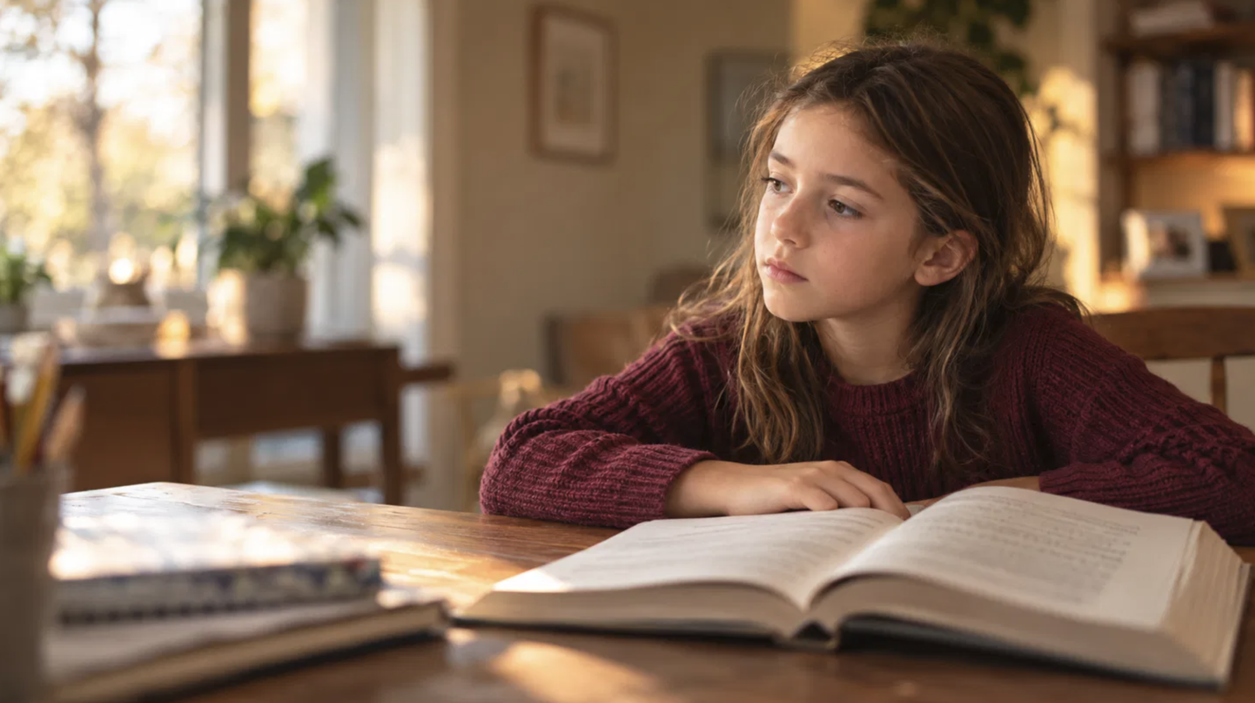 A girl sits at a wooden table with an open book, looking away from the page